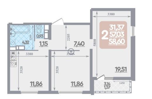 Продаётся 2-комнатная квартира, 58.6 м²