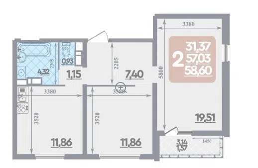 Продаётся 2-комнатная квартира, 58.6 м²