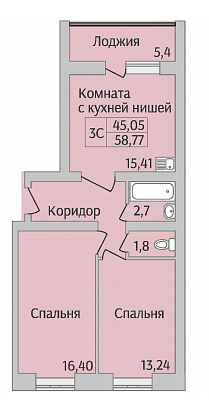 Продаётся 3-комнатная квартира, 58.77 м²