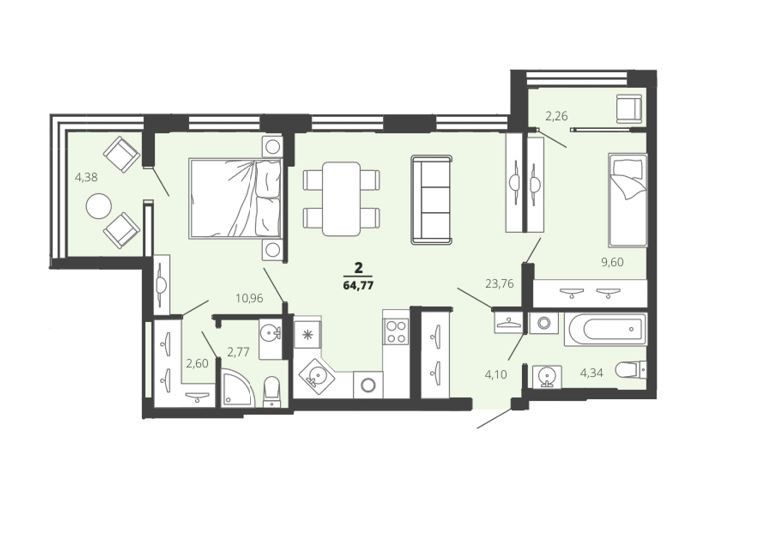 Продаётся 2-комнатная квартира, 64.8 м²