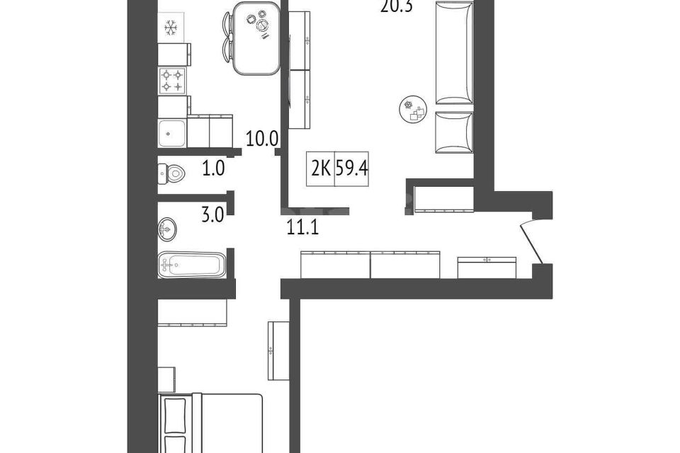 Продаётся 2-комнатная квартира, 59.2 м²