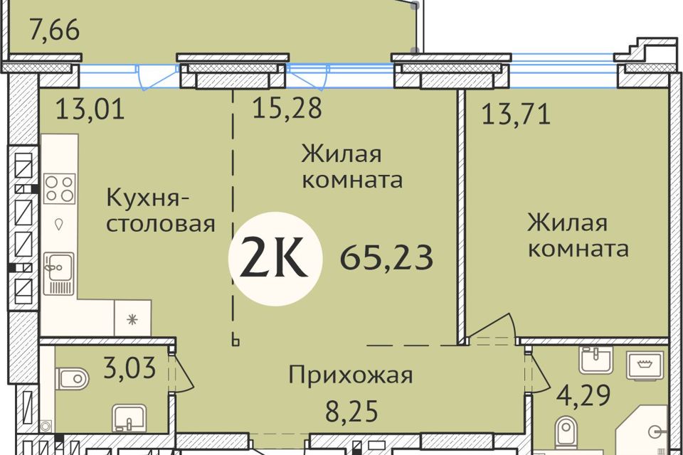 Продаётся 2-комнатная квартира, 65.23 м²