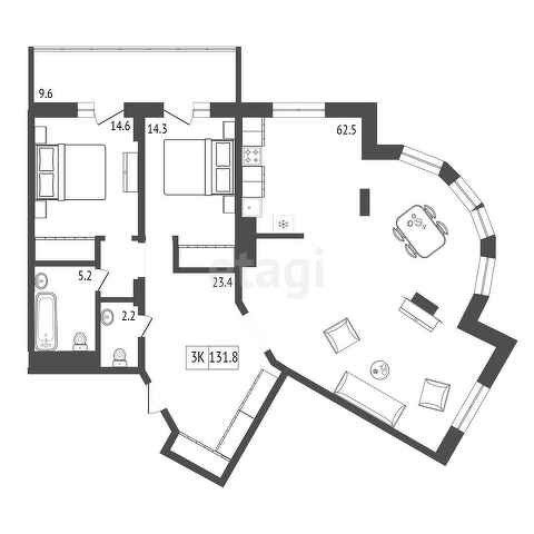Продаётся 2-комнатная квартира, 131.8 м²