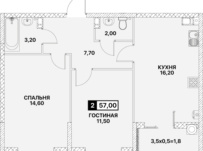 Продаётся 2-комнатная квартира, 57 м²