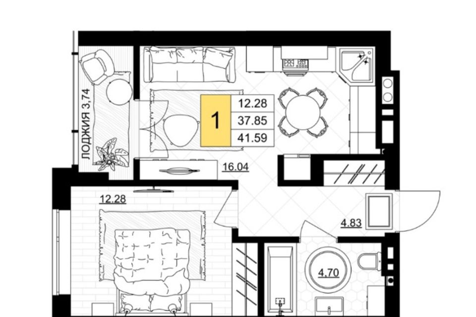 Продаётся 1-комнатная квартира, 41.59 м²