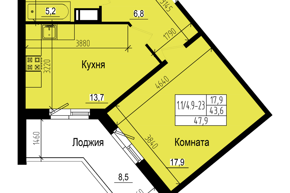 Продаётся 1-комнатная квартира, 43.6 м²
