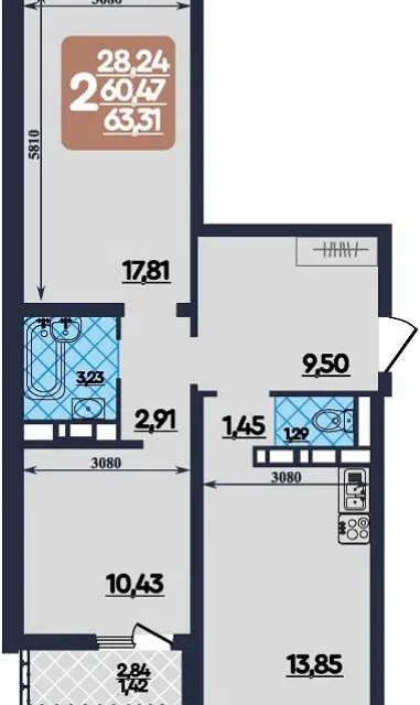 Продаётся 2-комнатная квартира, 63 м²