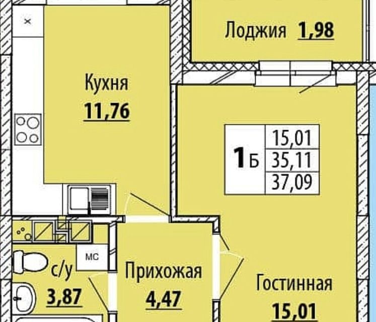 Продаётся 1-комнатная квартира, 37.1 м²