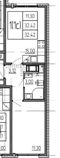 Продаётся 1-комнатная квартира, 32.42 м²