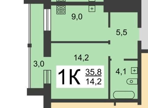 Продаётся 1-комнатная квартира, 35.8 м²