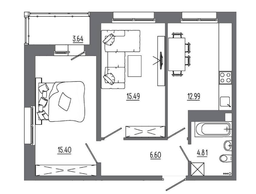 Продаётся 2-комнатная квартира, 58.6 м²