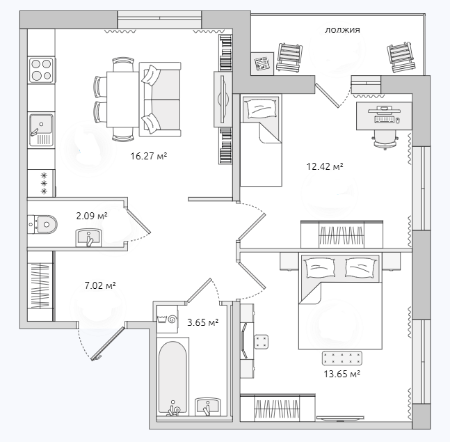 Продаётся 2-комнатная квартира, 55.6 м²