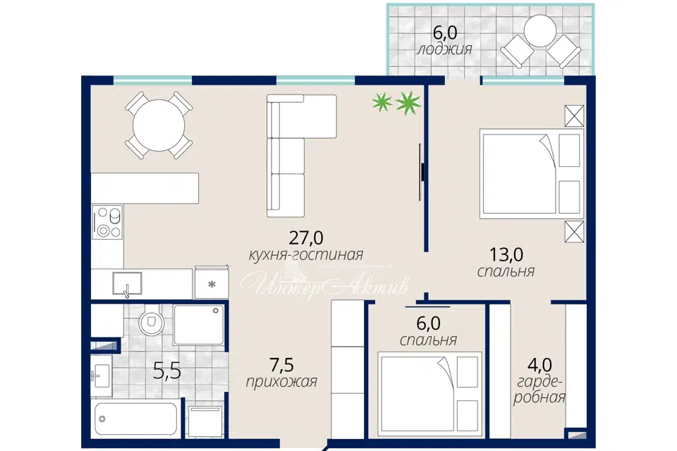 Продаётся 2-комнатная квартира, 63.5 м²