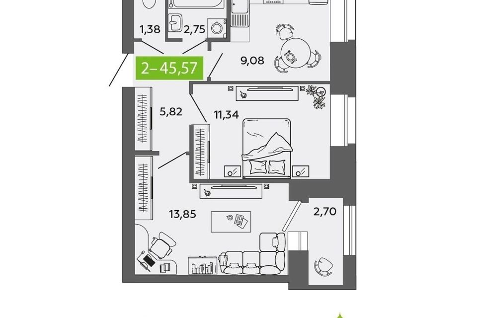 Продаётся 2-комнатная квартира, 45 м²