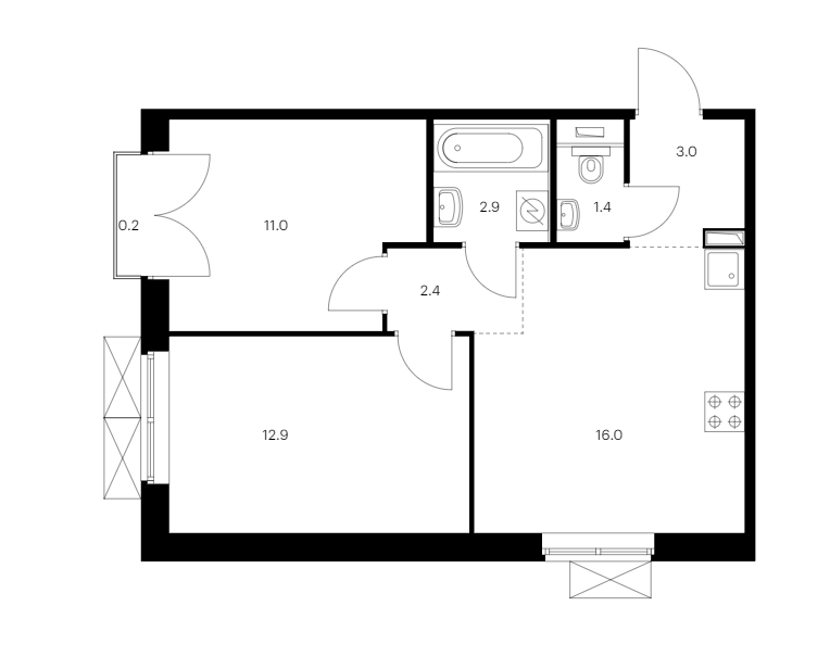 Продаётся 2-комнатная квартира, 49.6 м²