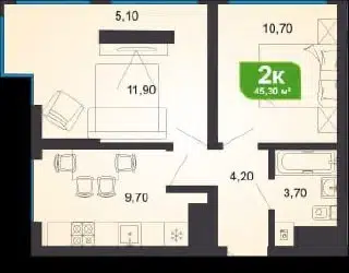 Продаётся 2-комнатная квартира, 45 м²