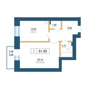 Продаётся 1-комнатная квартира, 51.25 м²