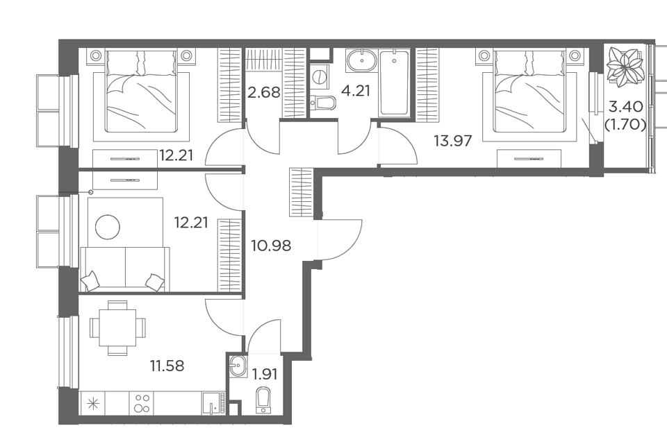 Продаётся 3-комнатная квартира, 71.45 м²