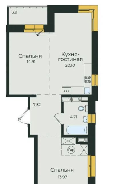 Продаётся 2-комнатная квартира, 65.1 м²