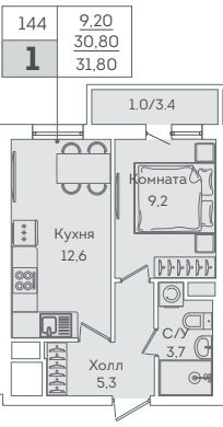 Продаётся 1-комнатная квартира, 30.8 м²