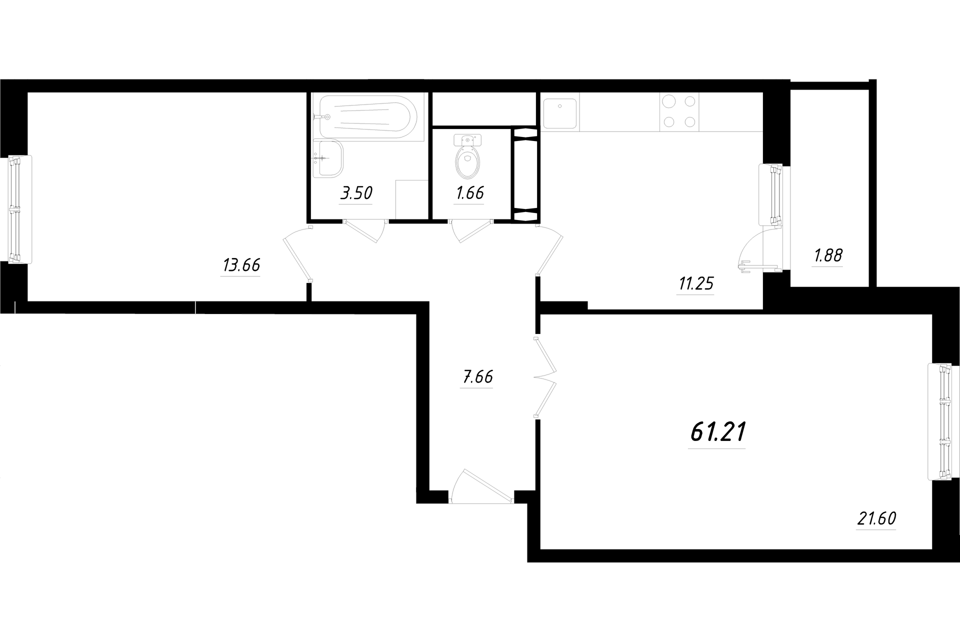 Продаётся 2-комнатная квартира, 61.21 м²