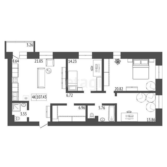 Продаётся 3-комнатная квартира, 107.43 м²