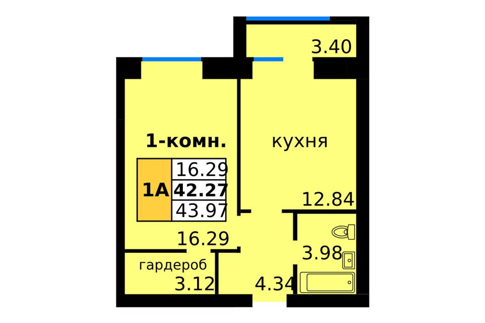 Продаётся 1-комнатная квартира, 42.27 м²