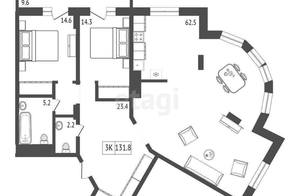 Продаётся 2-комнатная квартира, 131.8 м²