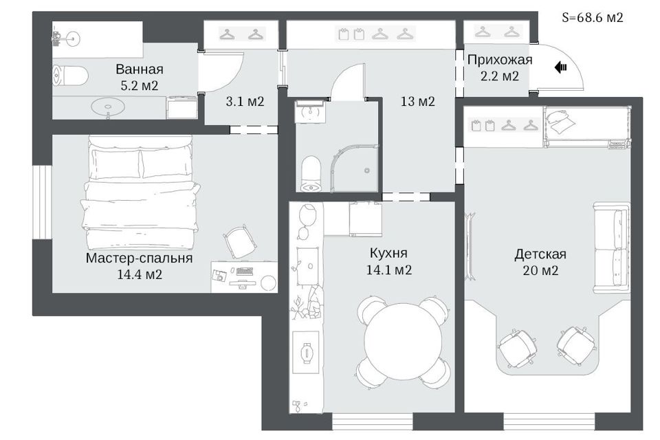 Продаётся 2-комнатная квартира, 68.6 м²