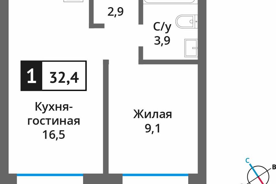 Продаётся 1-комнатная квартира, 32.4 м²