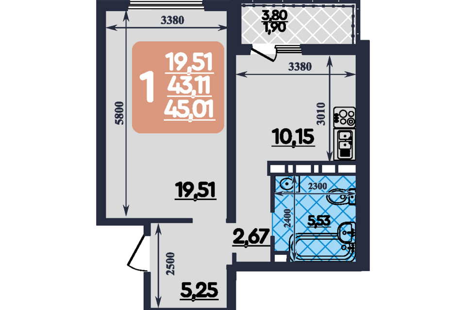 Продаётся 1-комнатная квартира, 45.01 м²