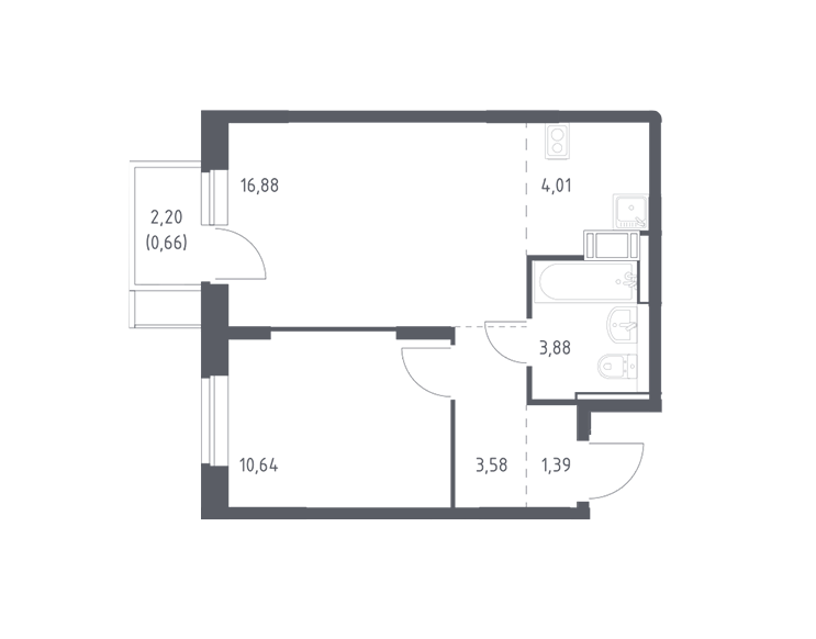 Продаётся 1-комнатная квартира, 41.04 м²