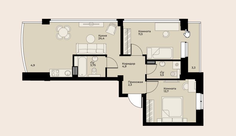 Продаётся 2-комнатная квартира, 61.5 м²
