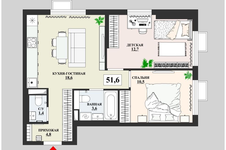 Продаётся 2-комнатная квартира, 51.6 м²