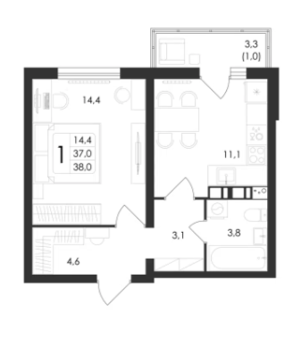 Продаётся 1-комнатная квартира, 38 м²