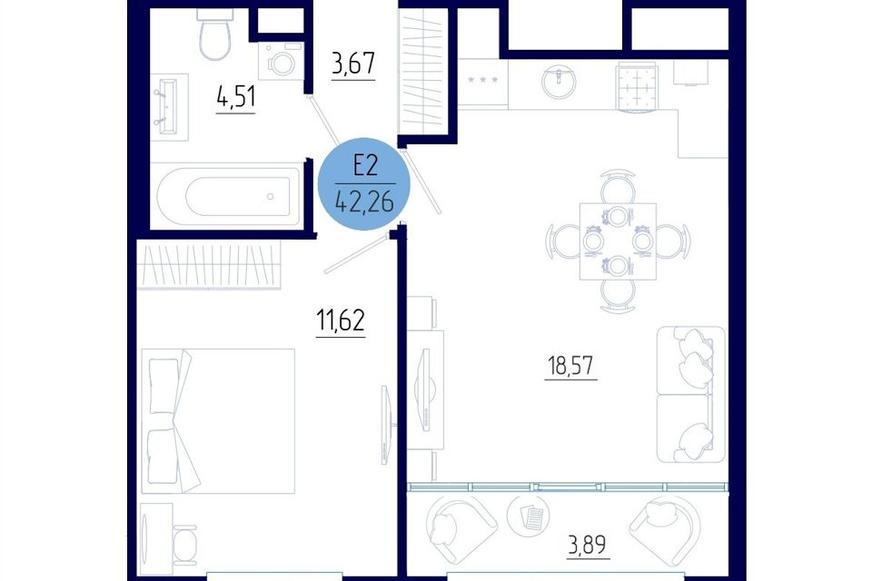 Продаётся 1-комнатная квартира, 42.26 м²