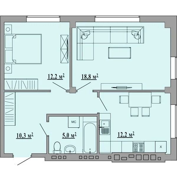 Продаётся 2-комнатная квартира, 58.5 м²