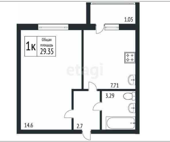 Продаётся 1-комнатная квартира, 29.35 м²