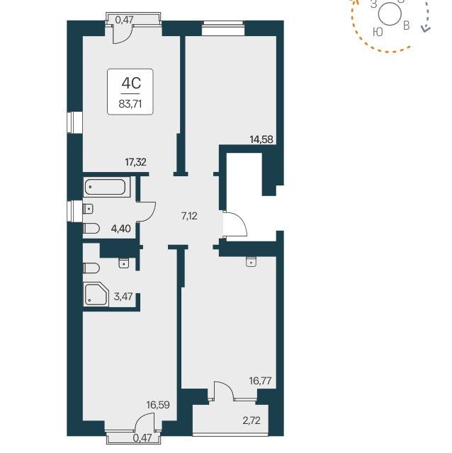 Продаётся 3-комнатная квартира, 83.71 м²