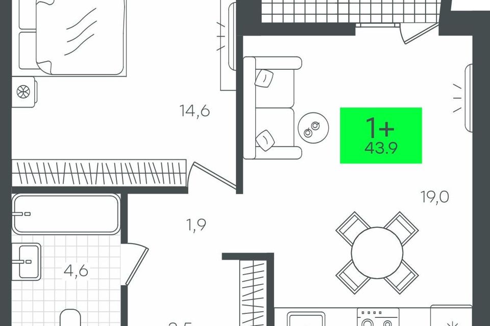 Продаётся 1-комнатная квартира, 43.97 м²