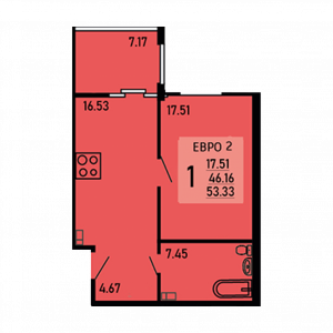 Продаётся 1-комнатная квартира, 53.33 м²