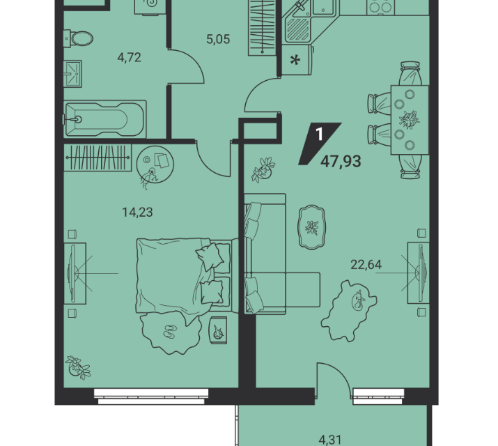 Продаётся 1-комнатная квартира, 47.6 м²