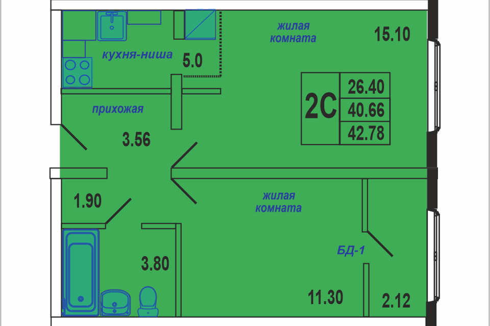 Продаётся 2-комнатная квартира, 42.78 м²