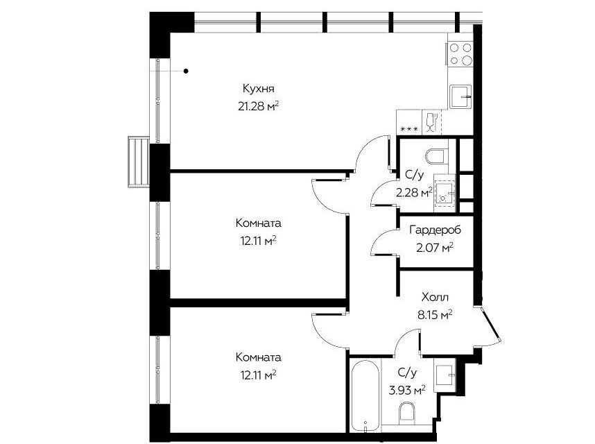 Продаётся 2-комнатная квартира, 61.93 м²