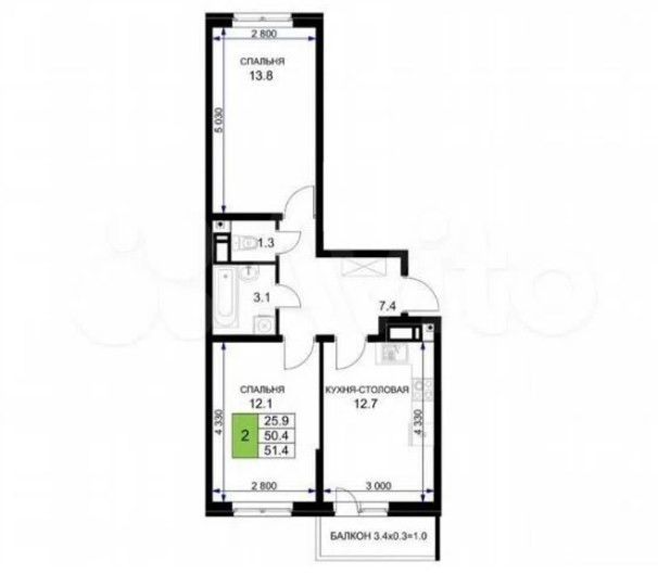 Продаётся 2-комнатная квартира, 51 м²