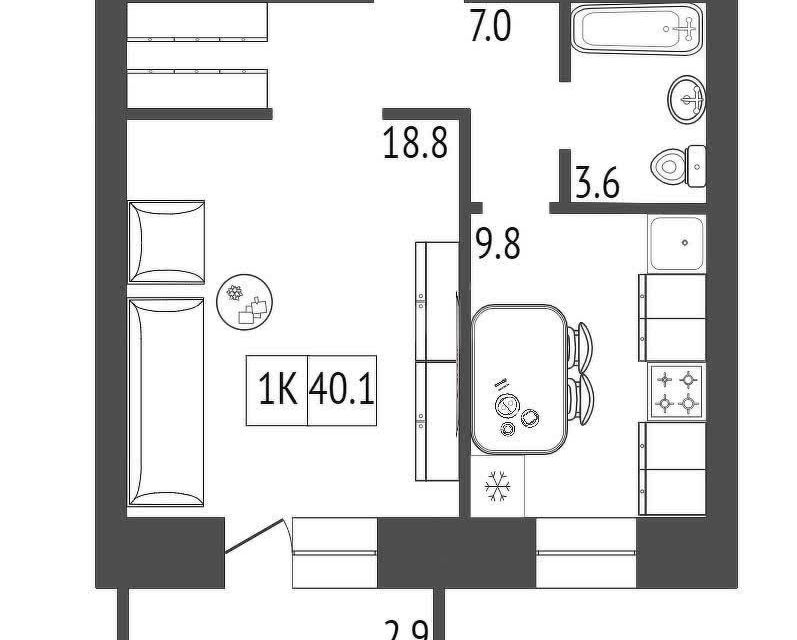 Продаётся 1-комнатная квартира, 40.3 м²