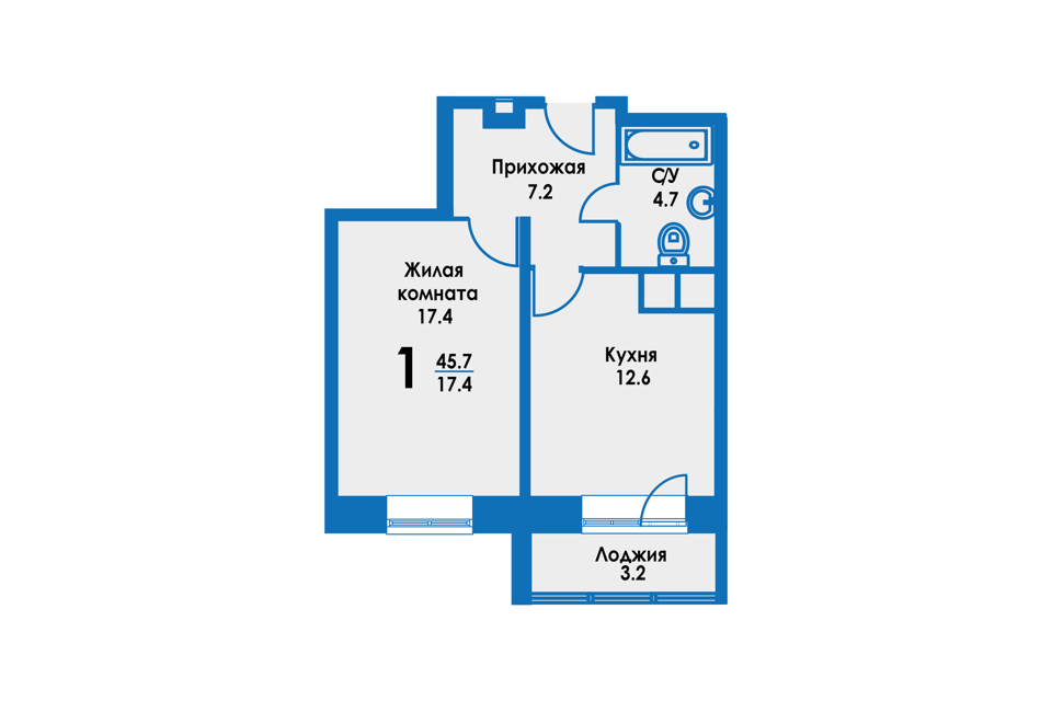 Продаётся 1-комнатная квартира, 45.3 м²