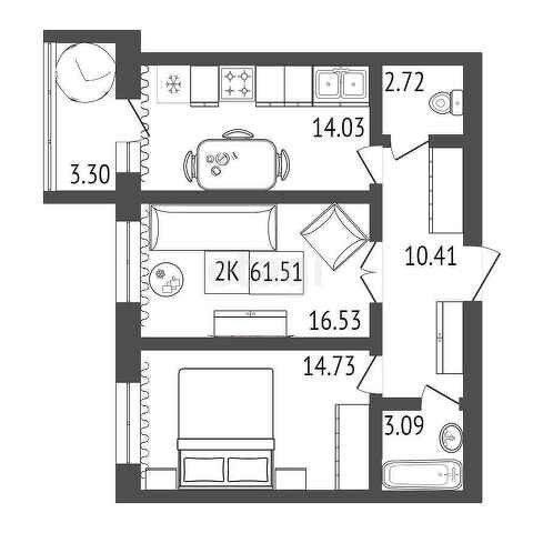 Продаётся 2-комнатная квартира, 63.3 м²