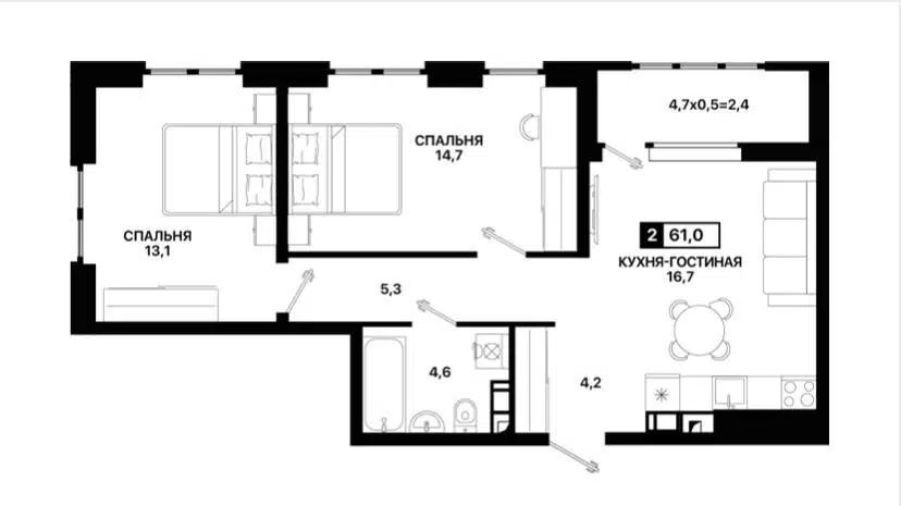Продаётся 2-комнатная квартира, 61 м²