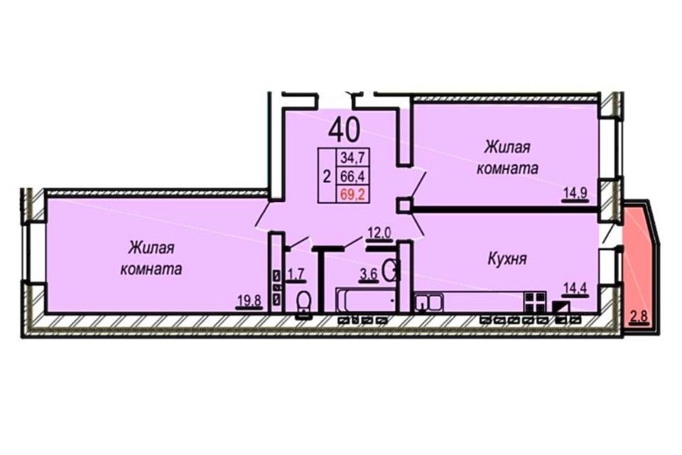 Продаётся 2-комнатная квартира, 64 м²